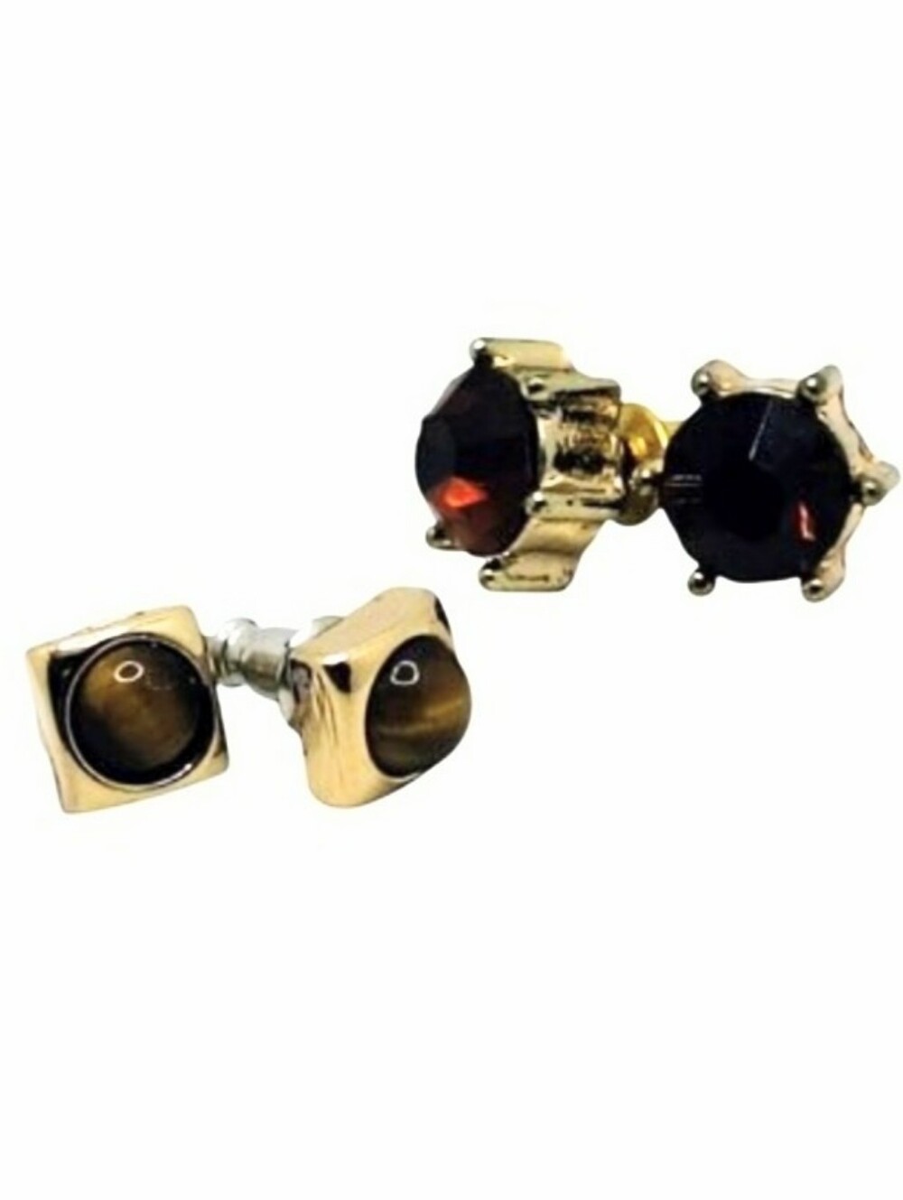 Vintage Gold Jewelry Set: Natural Garnet Studs & Tiger's Eye Square Cufflinks